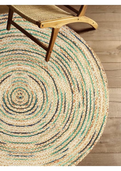 Boho 950 Jüt Rengi ve Yeşil Desenli Örgü Yuvarlak Natural Çift Taraflı Halı fırsatları