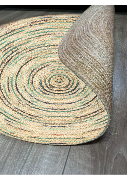Boho 950 Jüt Rengi ve Yeşil Desenli Örgü Yuvarlak Natural Çift Taraflı Halı indirimleri