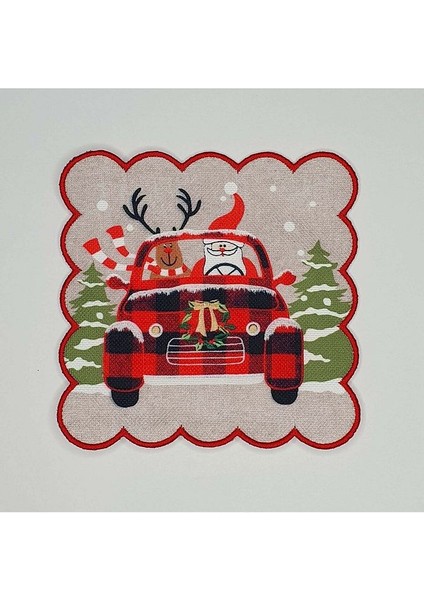 Yılbaşı Araba Desenli Dijital Baskılı Nakış Kenar Kokteyl Peçetesi