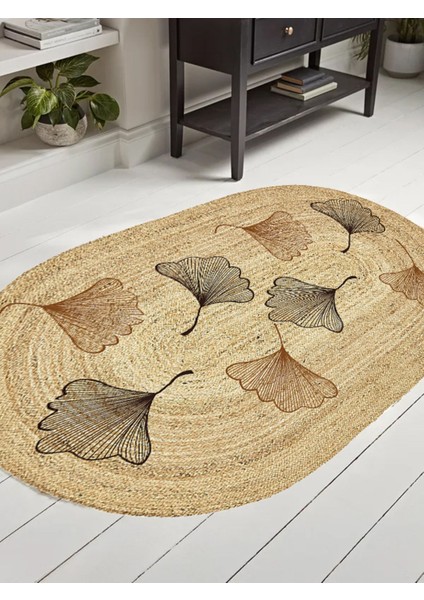 Boho 982 Oval Siyah Yel Motifli Etnik Desenli Jüt Rengi Örgü Yuvarlak Natural Çift Taraflı Halı