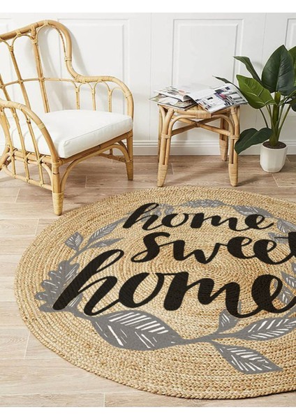 Boho 973 Home Sweet Home Temalı Etnik Desenli Yuvarlak Jüt Örme Doğal Hasır Kilim Daire Halı