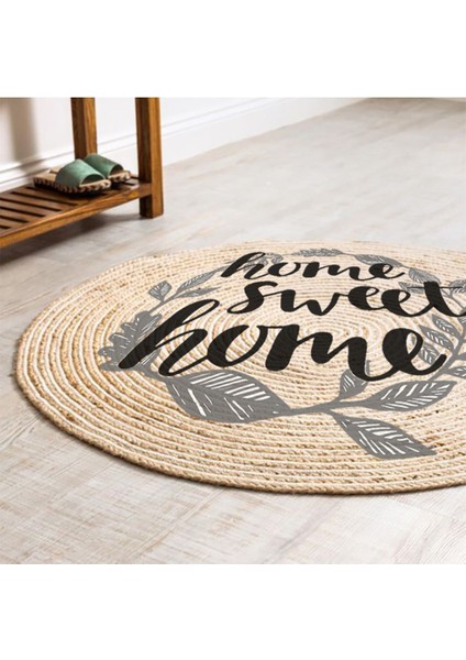 Boho 973 Home Sweet Home Temalı Etnik Desenli Yuvarlak Jüt Örme Doğal Hasır Kilim Daire Halı