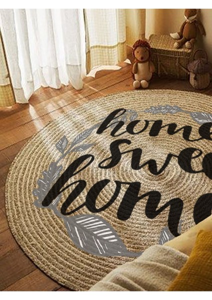 Boho 973 Home Sweet Home Temalı Etnik Desenli Yuvarlak Jüt Örme Doğal Hasır Kilim Daire Halı