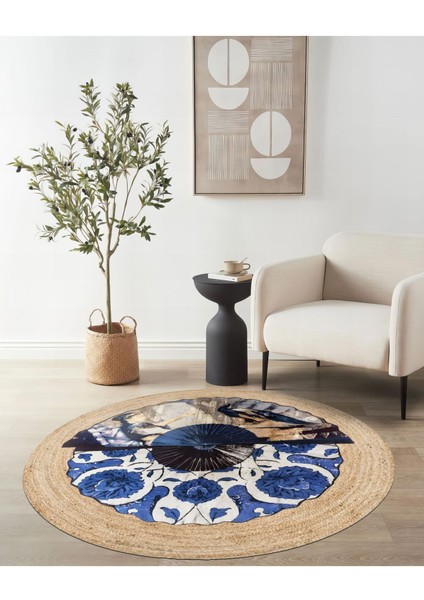 Kilim Home Boho 960 Blue Blanc Botanik Desenli Örgü Yuvarlak Natural Çift Taraflı Halı