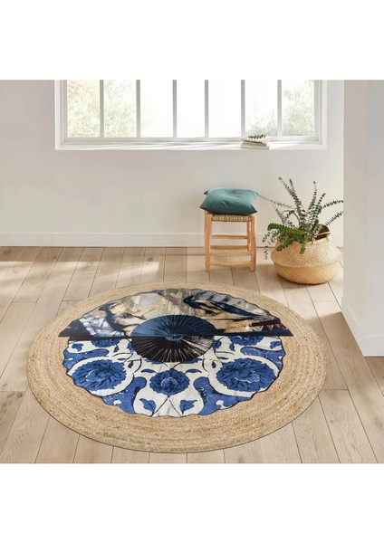 Kilim Home Boho 960 Blue Blanc Botanik Desenli Örgü Yuvarlak Natural Çift Taraflı Halı