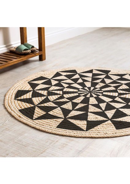 Boho 915 Geometrik Desen Baskılı Örgü Yuvarlak Natural Çift Taraflı Halı