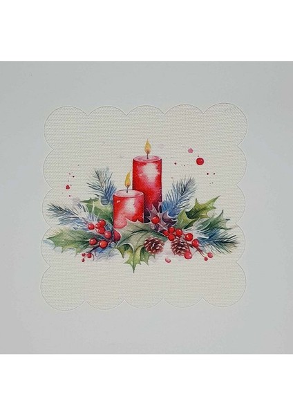Sulu Boya Yılbaşı Mum Desenli Dijital Baskılı Lazer Kesimli Kokteyl Peçetesi