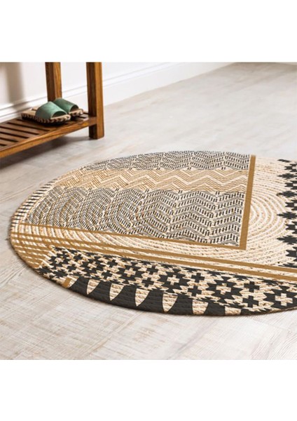 Boho 947 Geometrik Ve Etnik Baskılı Örgü Yuvarlak Natural Çift Taraflı Halı