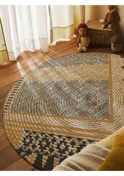 Boho 947 Geometrik Ve Etnik Baskılı Örgü Yuvarlak Natural Çift Taraflı Halı