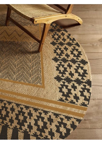 Boho 947 Geometrik Ve Etnik Baskılı Örgü Yuvarlak Natural Çift Taraflı Halı