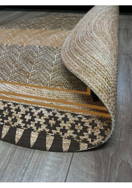 Boho 947 Geometrik Ve Etnik Baskılı Örgü Yuvarlak Natural Çift Taraflı Halı