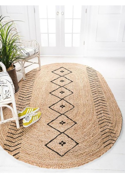 Boho 956 Oval Siyah Etnik Desenli Jüt Rengi Örgü Yuvarlak Natural Çift Taraflı Halı