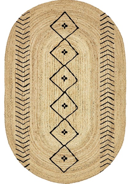 Boho 956 Oval Siyah Etnik Desenli Jüt Rengi Örgü Yuvarlak Natural Çift Taraflı Halı