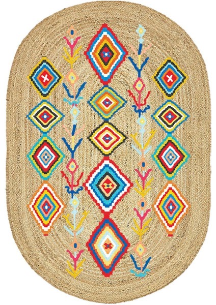 Boho 976 Jüt Hasır Etnik Desenli Oval Jüt Örme Doğal Hasır Natural Oval Halı