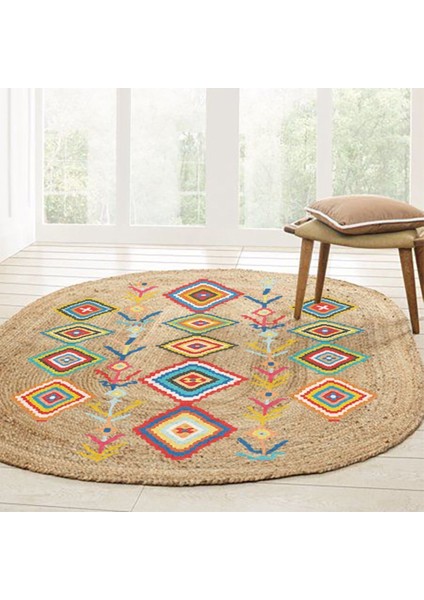 Boho 976 Jüt Hasır Etnik Desenli Oval Jüt Örme Doğal Hasır Natural Oval Halı