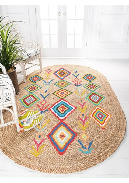 Boho 976 Jüt Hasır Etnik Desenli Oval Jüt Örme Doğal Hasır Natural Oval Halı