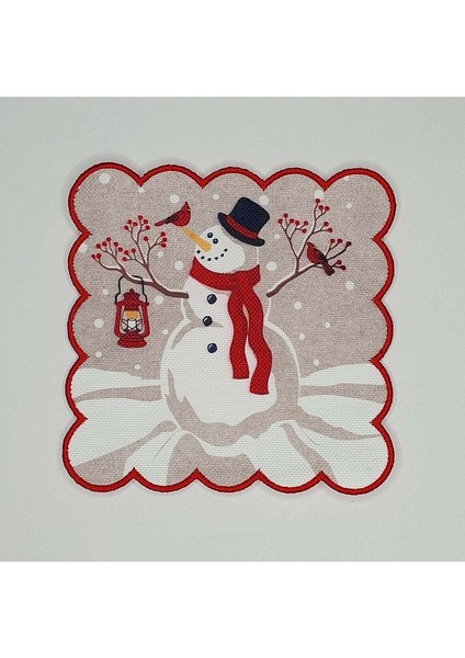 Yılbaşı Kardan Adam Desenli Dijital Baskılı Nakış Kenarlı Kokteyl Peçetesi