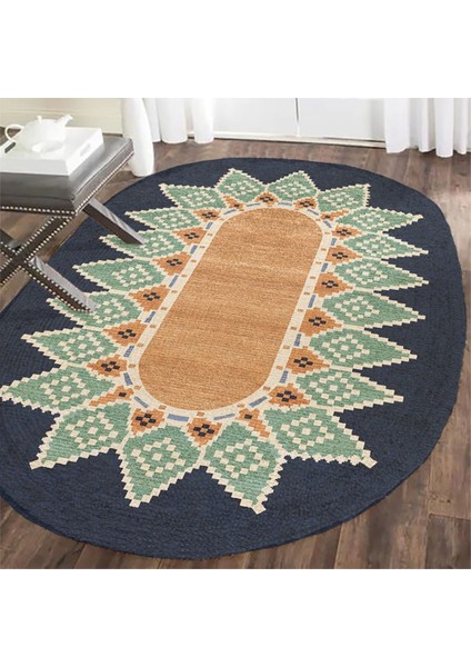 Boho 978 Jüt Hasır Etnik Desenli Oval Jüt Örme Hasır Natural Oval Halı