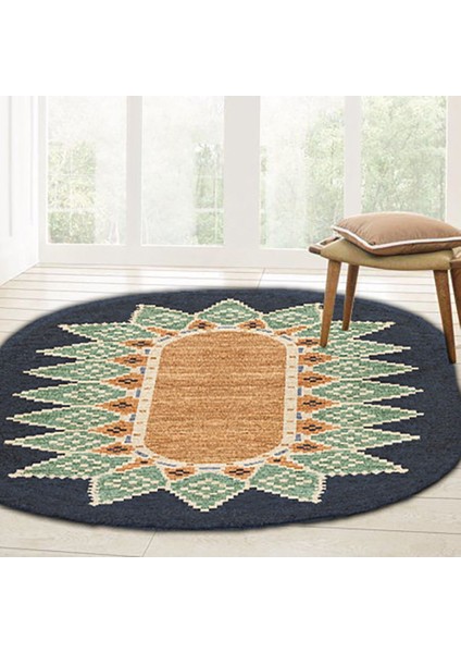 Boho 978 Jüt Hasır Etnik Desenli Oval Jüt Örme Hasır Natural Oval Halı