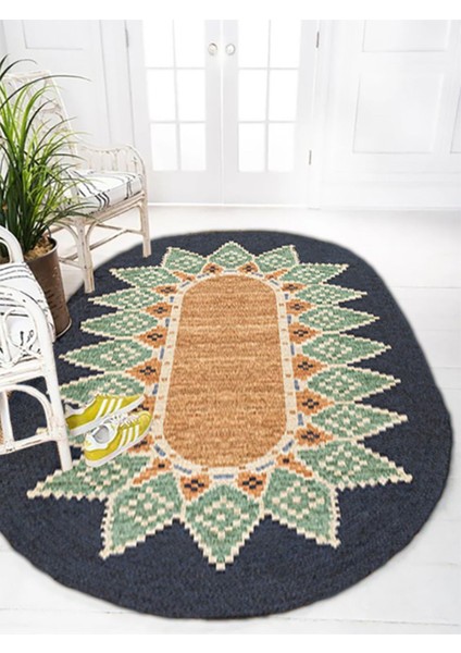 Boho 978 Jüt Hasır Etnik Desenli Oval Jüt Örme Hasır Natural Oval Halı