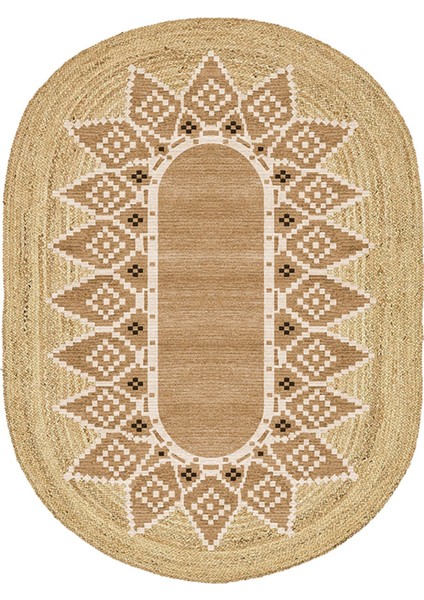 Boho 980 Jüt Hasır Etnik Desenli Oval Jüt Örme Hasır Natural Oval Halı