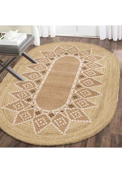 Boho 980 Jüt Hasır Etnik Desenli Oval Jüt Örme Hasır Natural Oval Halı