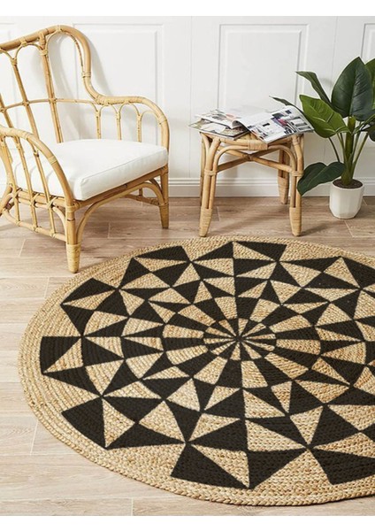 Boho 915 Geometrik Desen Baskılı Örgü Yuvarlak Natural Çift Taraflı Halı