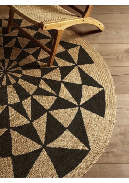 Boho 915 Geometrik Desen Baskılı Örgü Yuvarlak Natural Çift Taraflı Halı