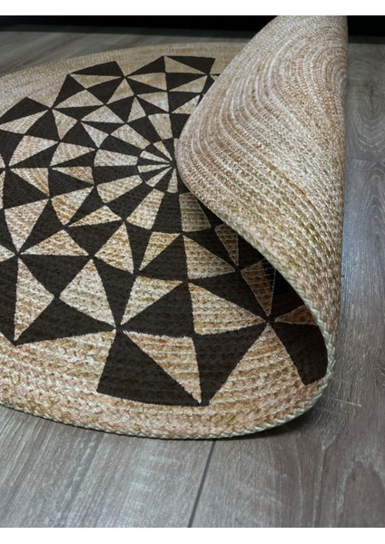 Boho 915 Geometrik Desen Baskılı Örgü Yuvarlak Natural Çift Taraflı Halı