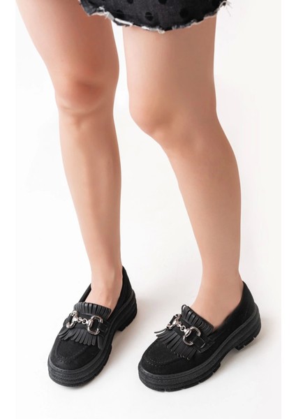 Siyah Süet Tokalı Günlük Yüksek Tabanlı Loafer Ayakkabı fiyatları