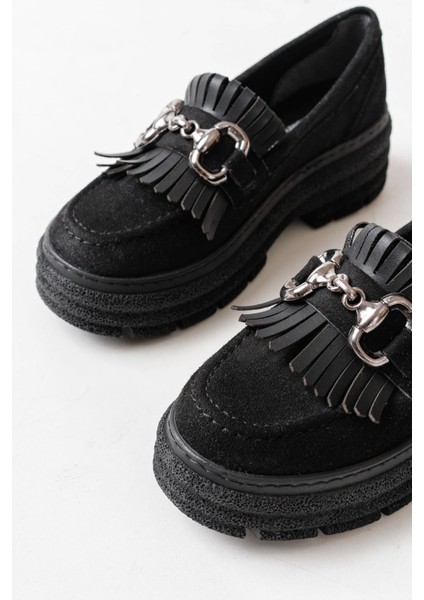 Siyah Süet Tokalı Günlük Yüksek Tabanlı Loafer Ayakkabı modelleri