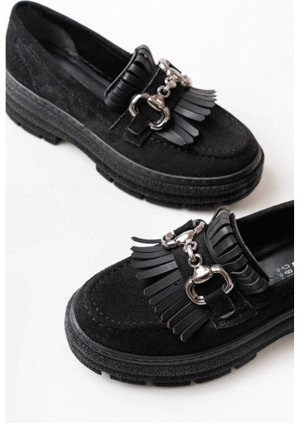 Siyah Süet Tokalı Günlük Yüksek Tabanlı Loafer Ayakkabı fırsatları