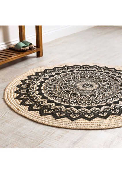 Boho 900 Mandala Desenli Etnik Örgü Yuvarlak Natural Çift Taraflı Halı