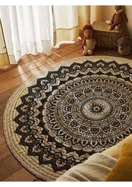 Boho 900 Mandala Desenli Etnik Örgü Yuvarlak Natural Çift Taraflı Halı