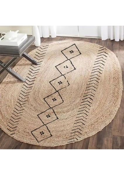 Boho 956 Oval Siyah Etnik Desenli Jüt Rengi Örgü Yuvarlak Natural Çift Taraflı Halı