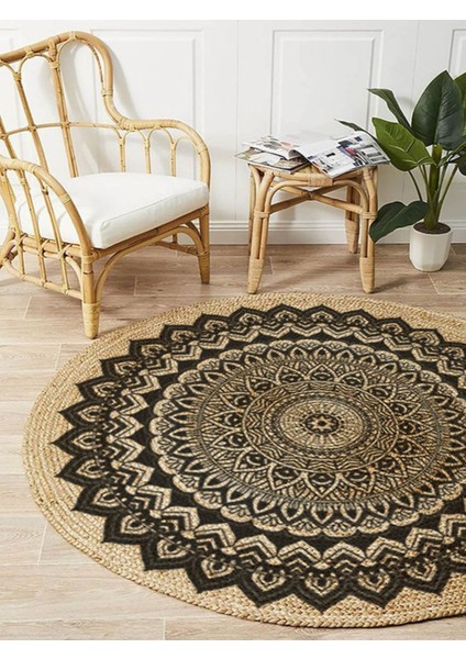 Boho 900 Mandala Desenli Etnik Örgü Yuvarlak Natural Çift Taraflı Halı