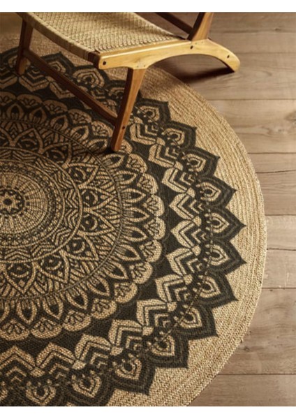 Boho 900 Mandala Desenli Etnik Örgü Yuvarlak Natural Çift Taraflı Halı