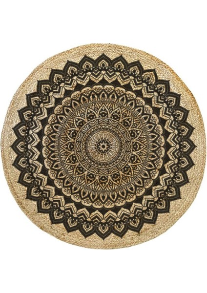 Boho 900 Mandala Desenli Etnik Örgü Yuvarlak Natural Çift Taraflı Halı