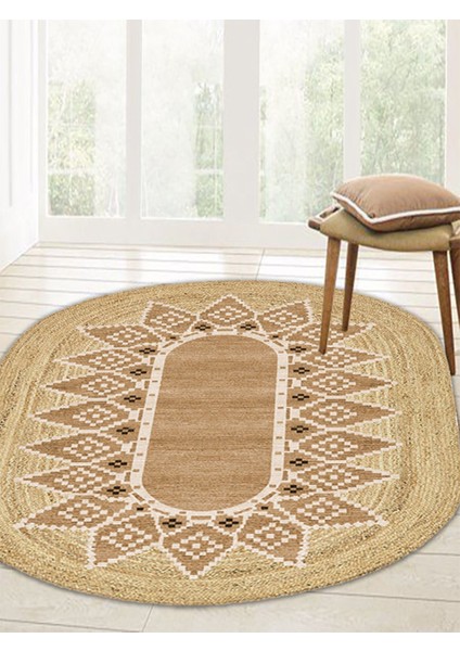 Boho 980 Jüt Hasır Etnik Desenli Oval Jüt Örme Doğal Hasır Natural Oval Halı