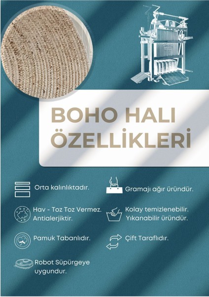 Boho 960 Blue Blanc Botanik Desenli Örgü Yuvarlak Natural Çift Taraflı Halı