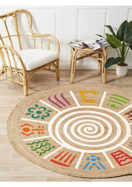 Kilim Home Boho 954 Multy Soyut Desenli Jüt Rengi Örgü Yuvarlak Natural Çift Taraflı Halı