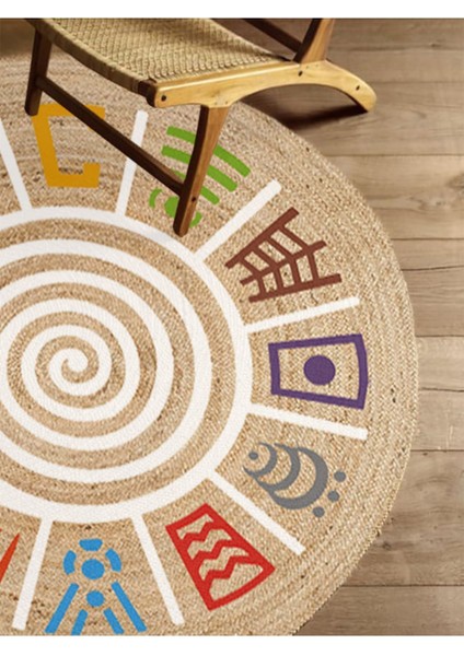 Kilim Home Boho 954 Multy Soyut Desenli Jüt Rengi Örgü Yuvarlak Natural Çift Taraflı Halı