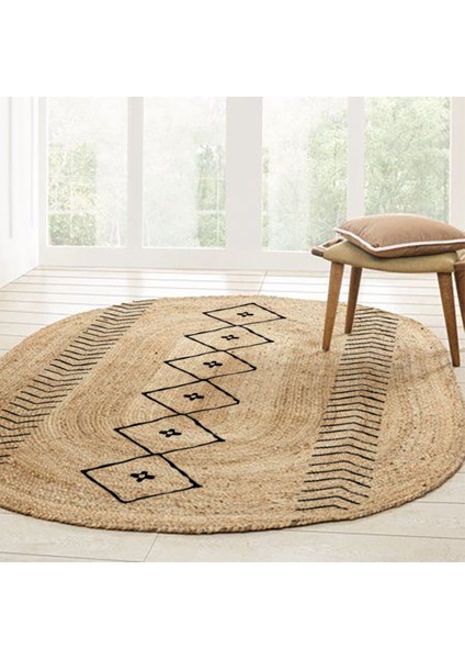 Kilim Home Boho 956 Oval Siyah Etnik Desenli Jüt Rengi Örgü Yuvarlak Natural Çift Taraflı Halı