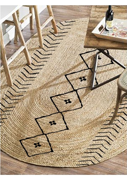 Kilim Home Boho 956 Oval Siyah Etnik Desenli Jüt Rengi Örgü Yuvarlak Natural Çift Taraflı Halı