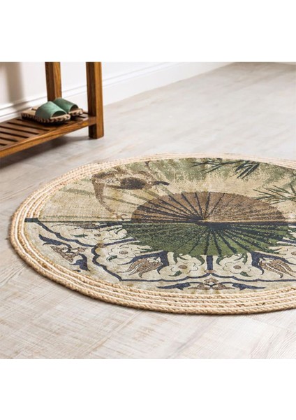 Kilim Home Boho 901 Doğa Ve Botanik Desenli Etnik Örgü Yuvarlak Natural Renk Çift Taraflı Halı