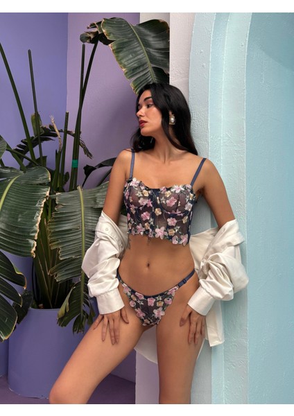 Tül Destekli Ince Askılı Siyah Simli Büstiyer Takım Yüksek Bel Külot (Arkası Transparan) fiyatları