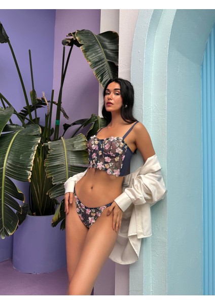 Tül Destekli Ince Askılı Siyah Simli Büstiyer Takım Yüksek Bel Külot (Arkası Transparan) modelleri