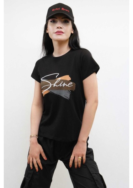 Shine Baskılı Tshirt Siyah Siyah