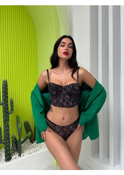 Simli Çiçek Desenli Çizgili Destekli Bustiyer Takım fırsatları