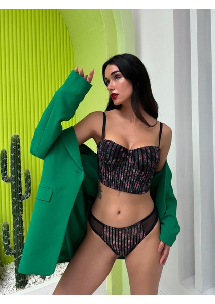 Simli Çiçek Desenli Çizgili Destekli Bustiyer Takım indirimleri